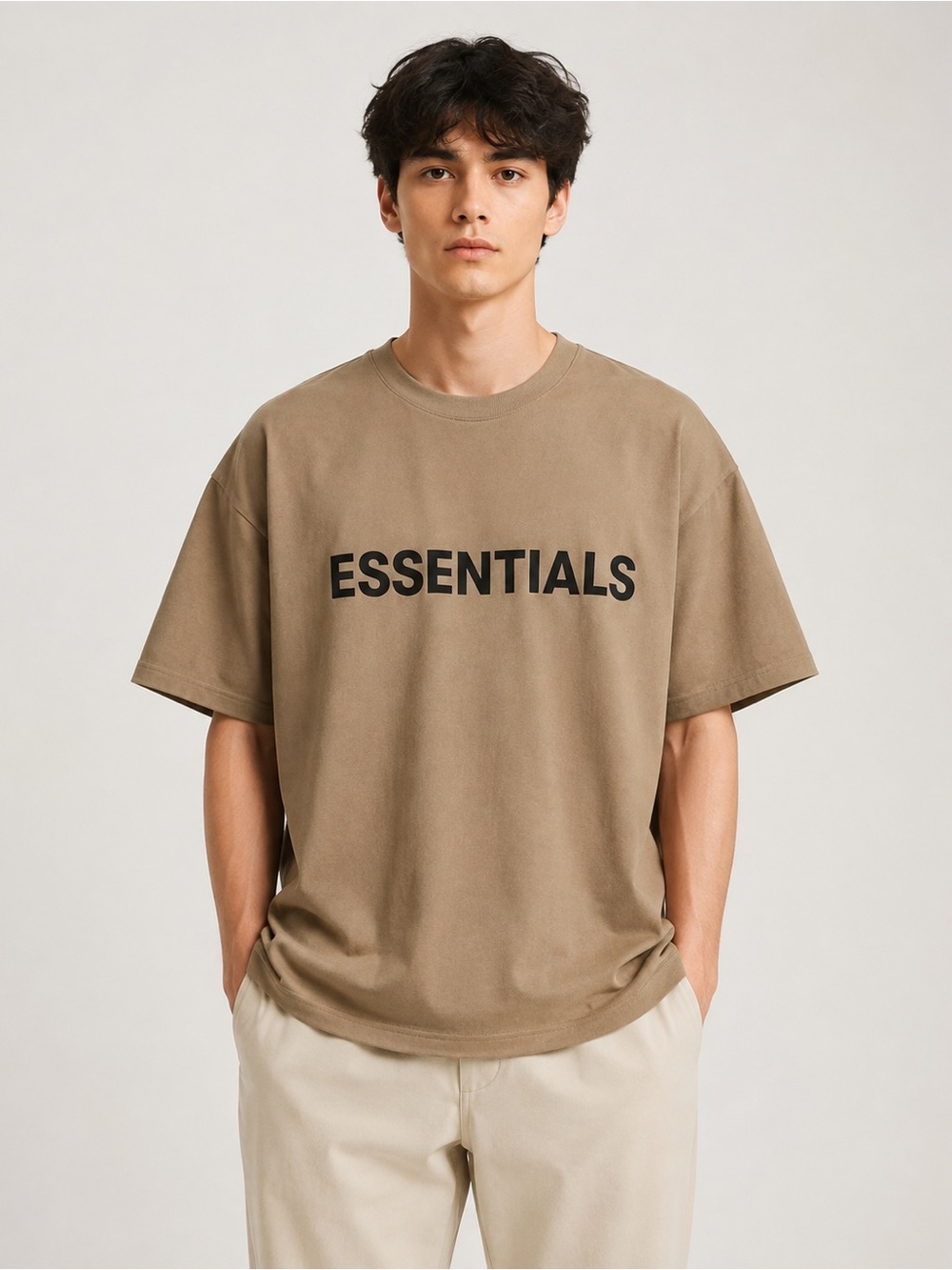 Fear of God ESSENTIALS Short Sleeve Tee in Taupe with Black Logo